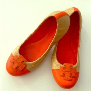Tory Burch leather and straw ballet flats.